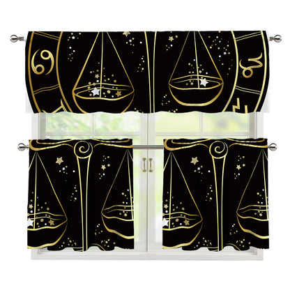 Gold And Black Libra Sign Print 3 Piece Kitchen Curtains
