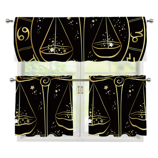 Gold And Black Libra Sign Print 3 Piece Kitchen Curtains