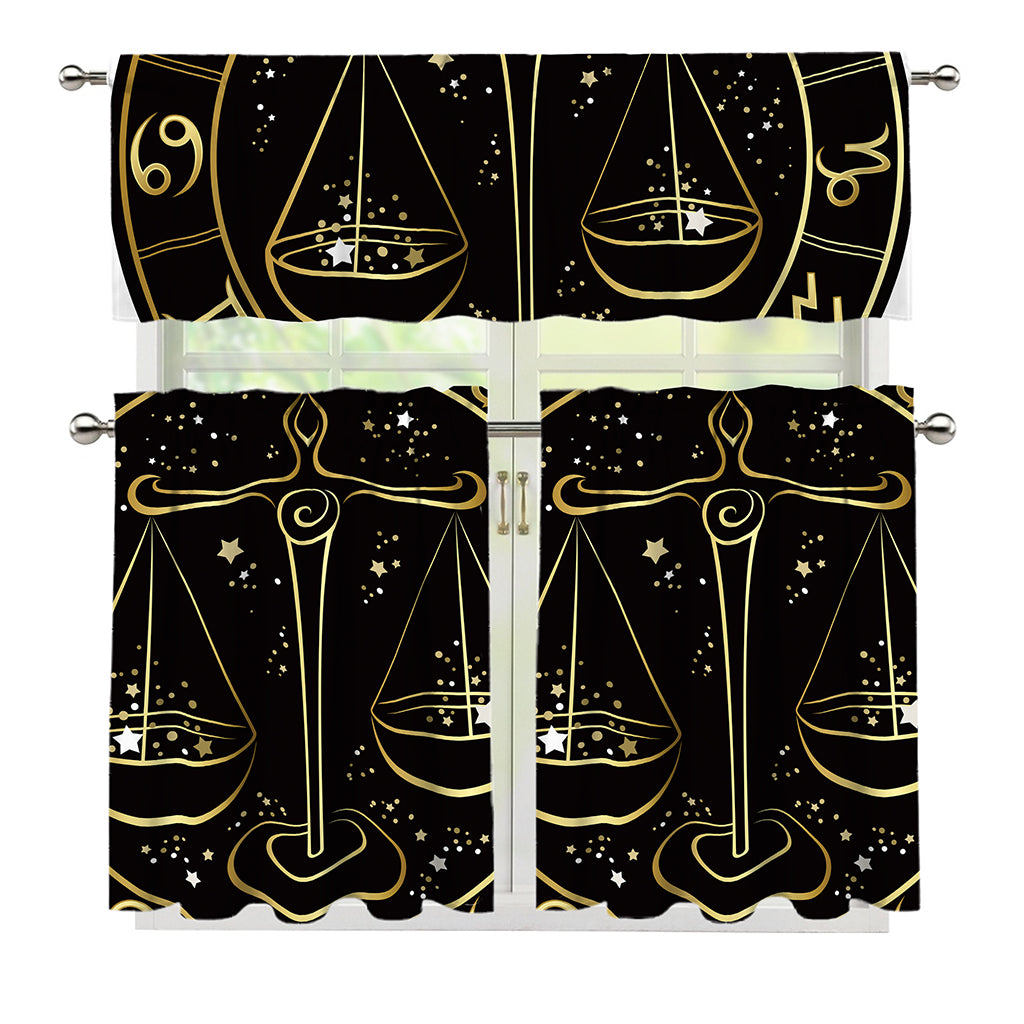 Gold And Black Libra Sign Print 3 Piece Kitchen Curtains