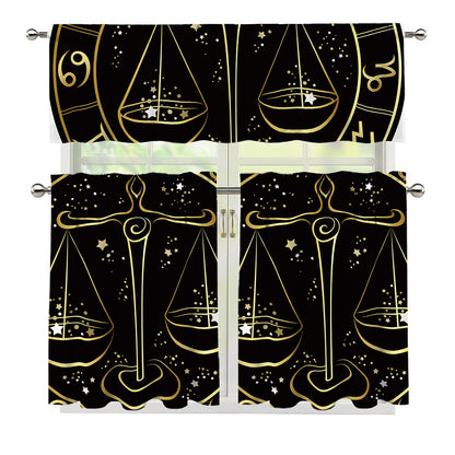 Gold And Black Libra Sign Print 3 Piece Kitchen Curtains