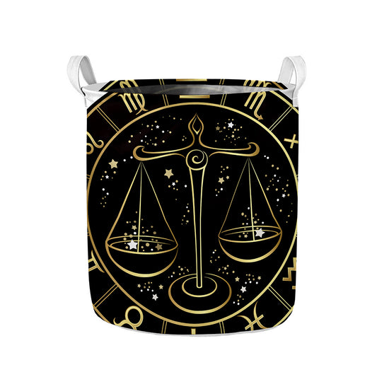 Gold And Black Libra Sign Print Collapsible Laundry Basket
