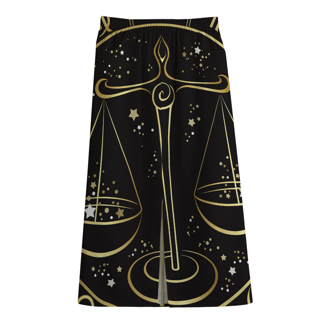 Gold And Black Libra Sign Print Cotton Front Slit Maxi Skirt