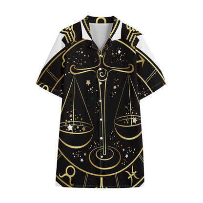 Gold And Black Libra Sign Print Cotton Hawaiian Shirt