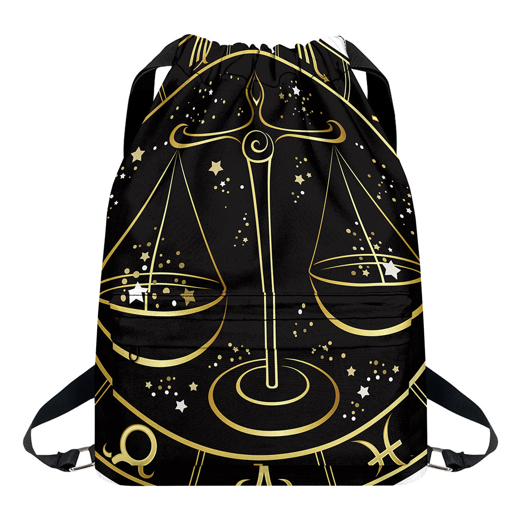 Gold And Black Libra Sign Print Drawstring Backpack