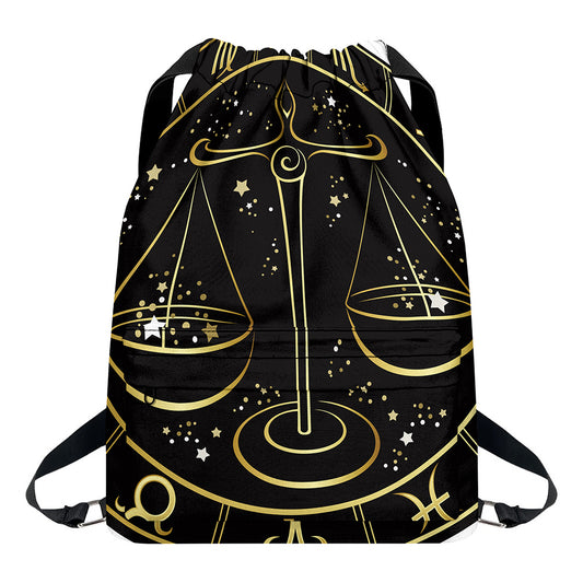 Gold And Black Libra Sign Print Drawstring Backpack