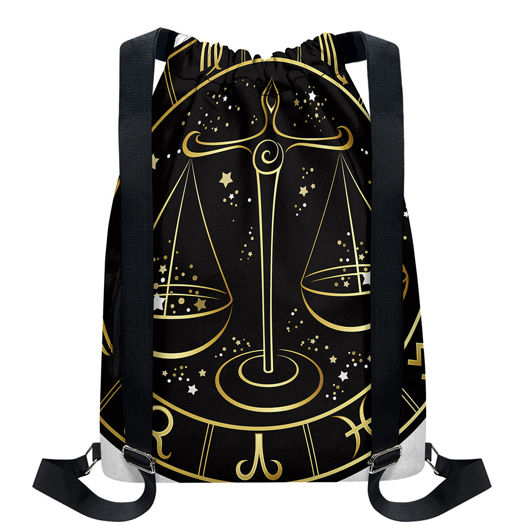 Gold And Black Libra Sign Print Drawstring Backpack