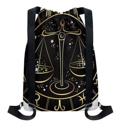 Gold And Black Libra Sign Print Drawstring Backpack