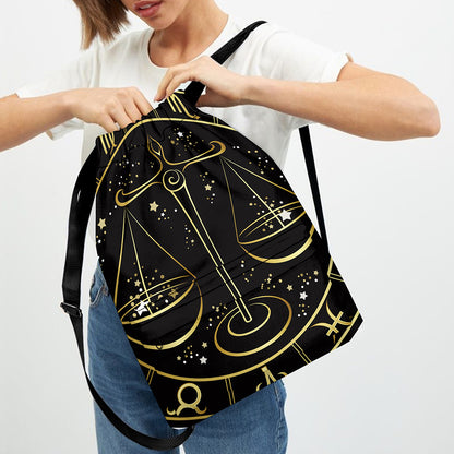 Gold And Black Libra Sign Print Drawstring Backpack