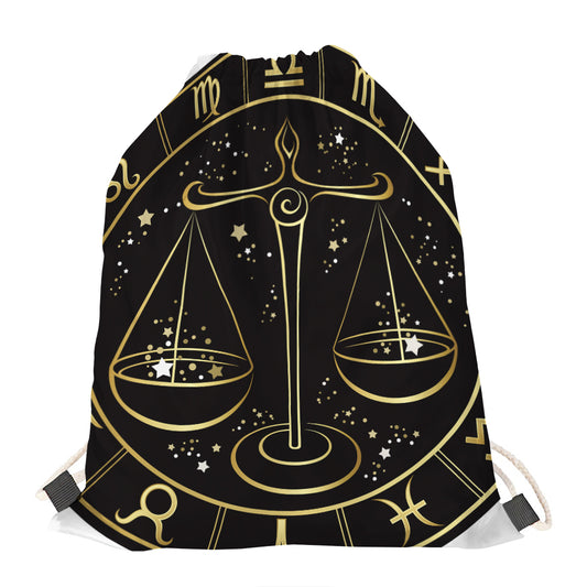 Gold And Black Libra Sign Print Drawstring Bag
