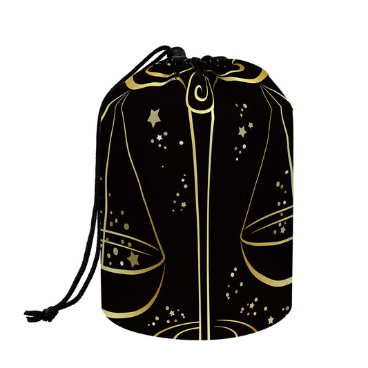 Gold And Black Libra Sign Print Drawstring Makeup Bag