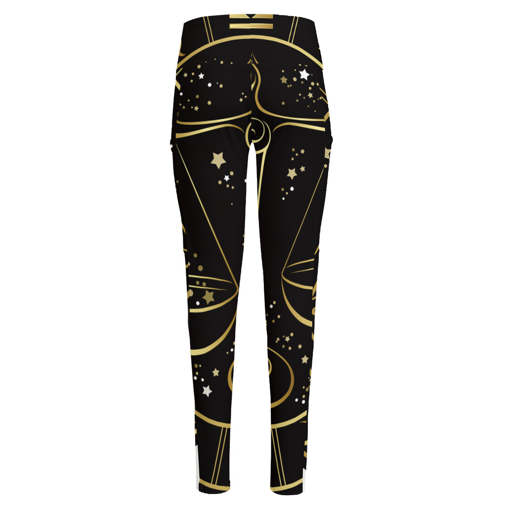 Gold And Black Libra Sign Print High-Waisted Pocket Leggings