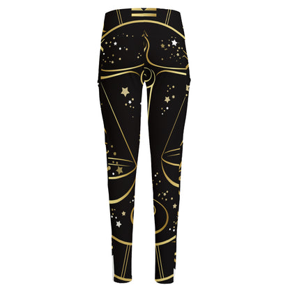 Gold And Black Libra Sign Print High-Waisted Pocket Leggings