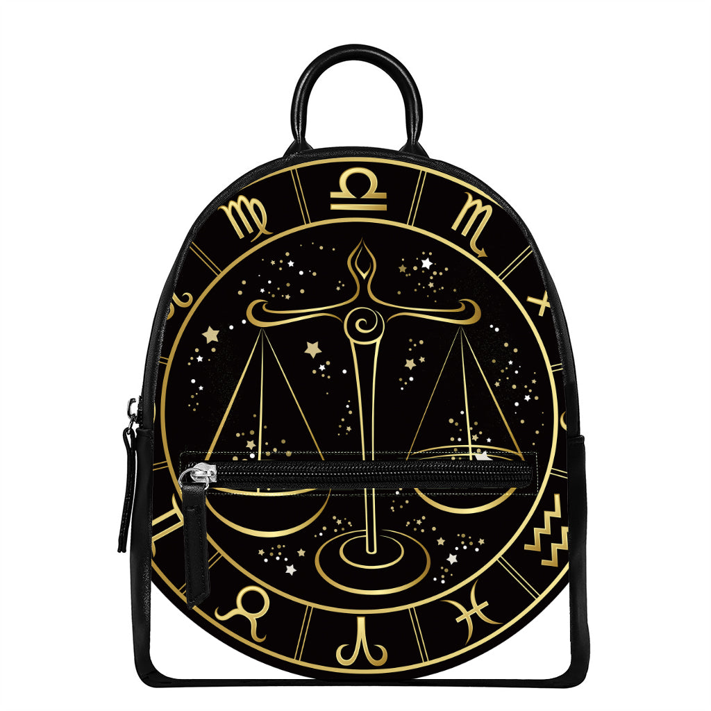 Gold And Black Libra Sign Print Leather Backpack