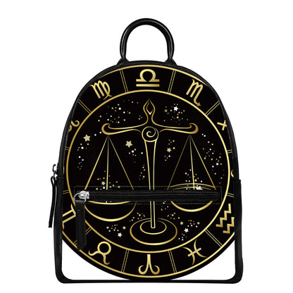 Gold And Black Libra Sign Print Leather Backpack