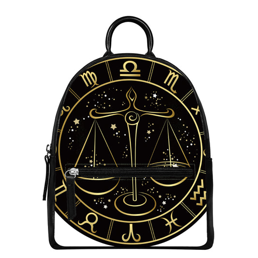 Gold And Black Libra Sign Print Leather Backpack