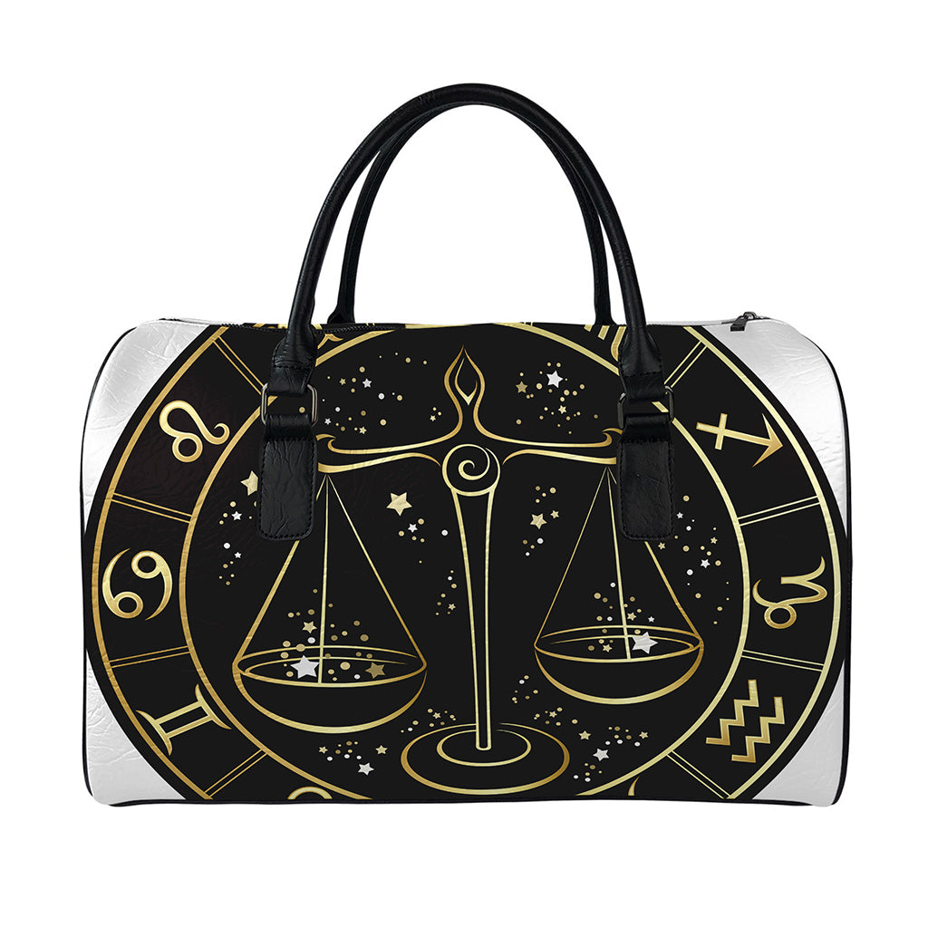 Gold And Black Libra Sign Print Leather Duffle Bag