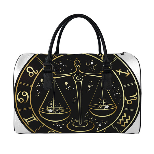 Gold And Black Libra Sign Print Leather Duffle Bag