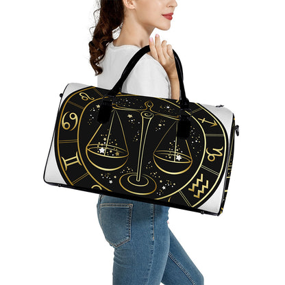 Gold And Black Libra Sign Print Leather Duffle Bag