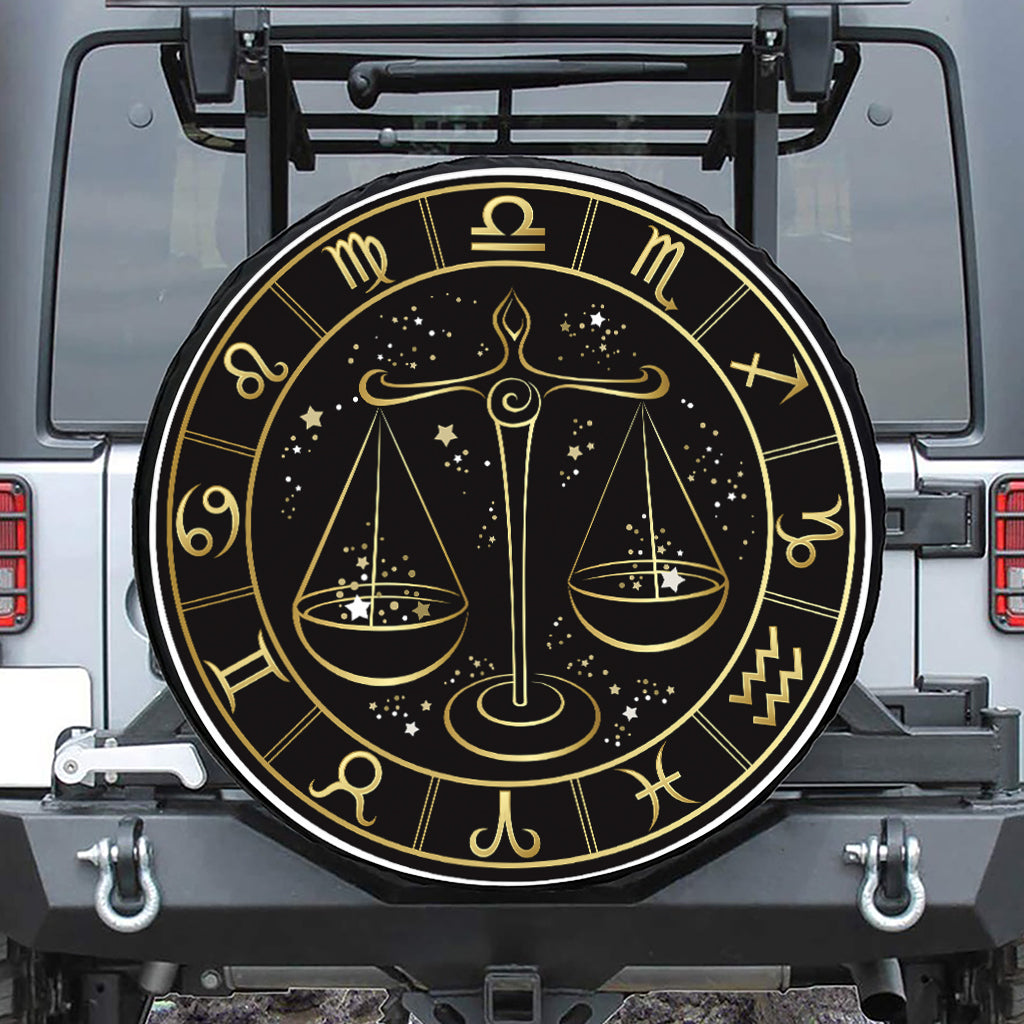 Gold And Black Libra Sign Print Leather Spare Tire Cover