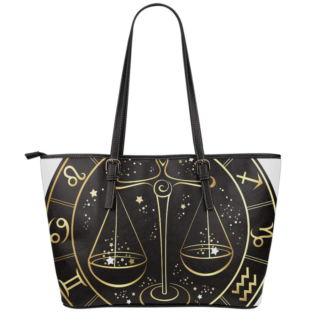 Gold And Black Libra Sign Print Leather Tote Bag