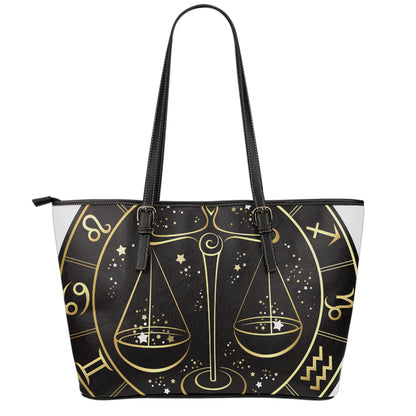 Gold And Black Libra Sign Print Leather Tote Bag