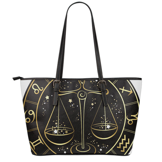 Gold And Black Libra Sign Print Leather Tote Bag