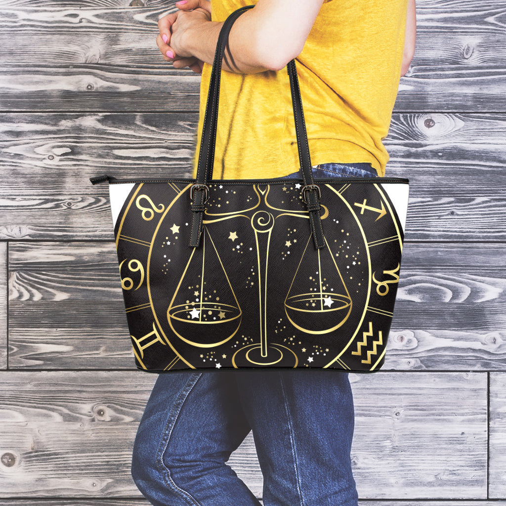 Gold And Black Libra Sign Print Leather Tote Bag