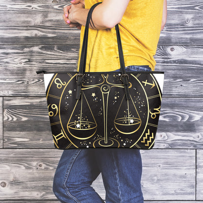 Gold And Black Libra Sign Print Leather Tote Bag