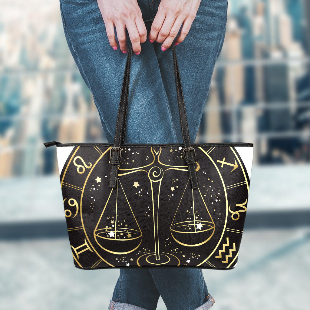 Gold And Black Libra Sign Print Leather Tote Bag