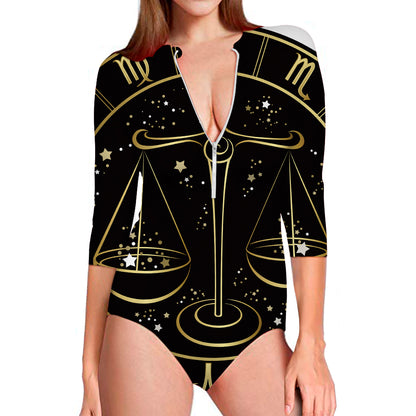 Gold And Black Libra Sign Print Long Sleeve Swimsuit