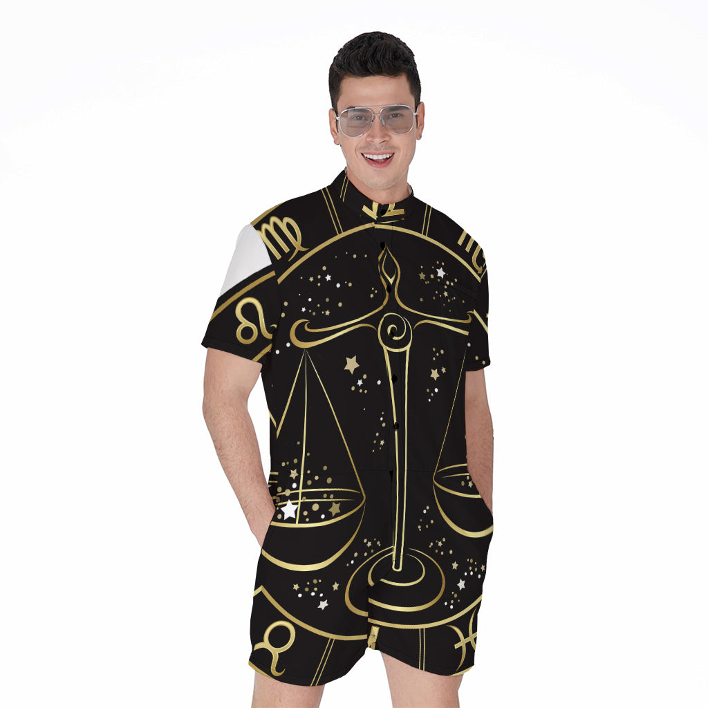 Gold And Black Libra Sign Print Men's Rompers