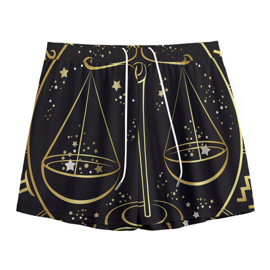 Gold And Black Libra Sign Print Mesh Shorts