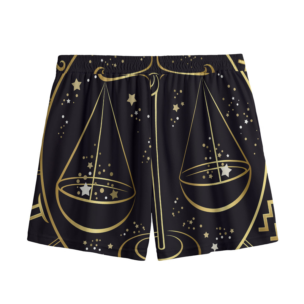 Gold And Black Libra Sign Print Mesh Shorts