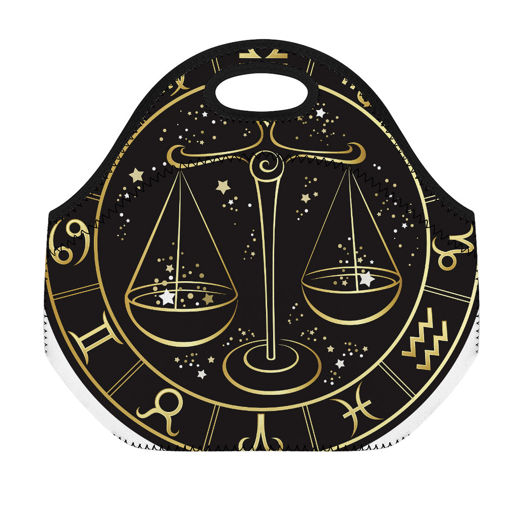 Gold And Black Libra Sign Print Neoprene Lunch Bag