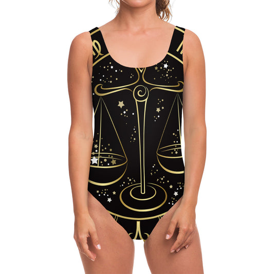 Gold And Black Libra Sign Print One Piece Swimsuit