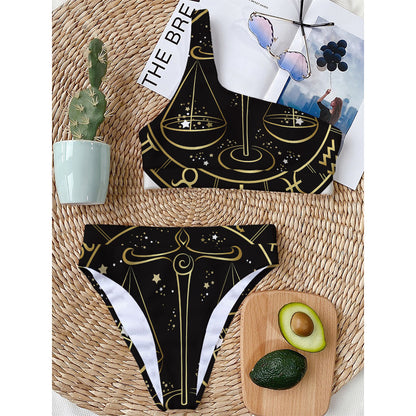 Gold And Black Libra Sign Print One Shoulder Bikini Top