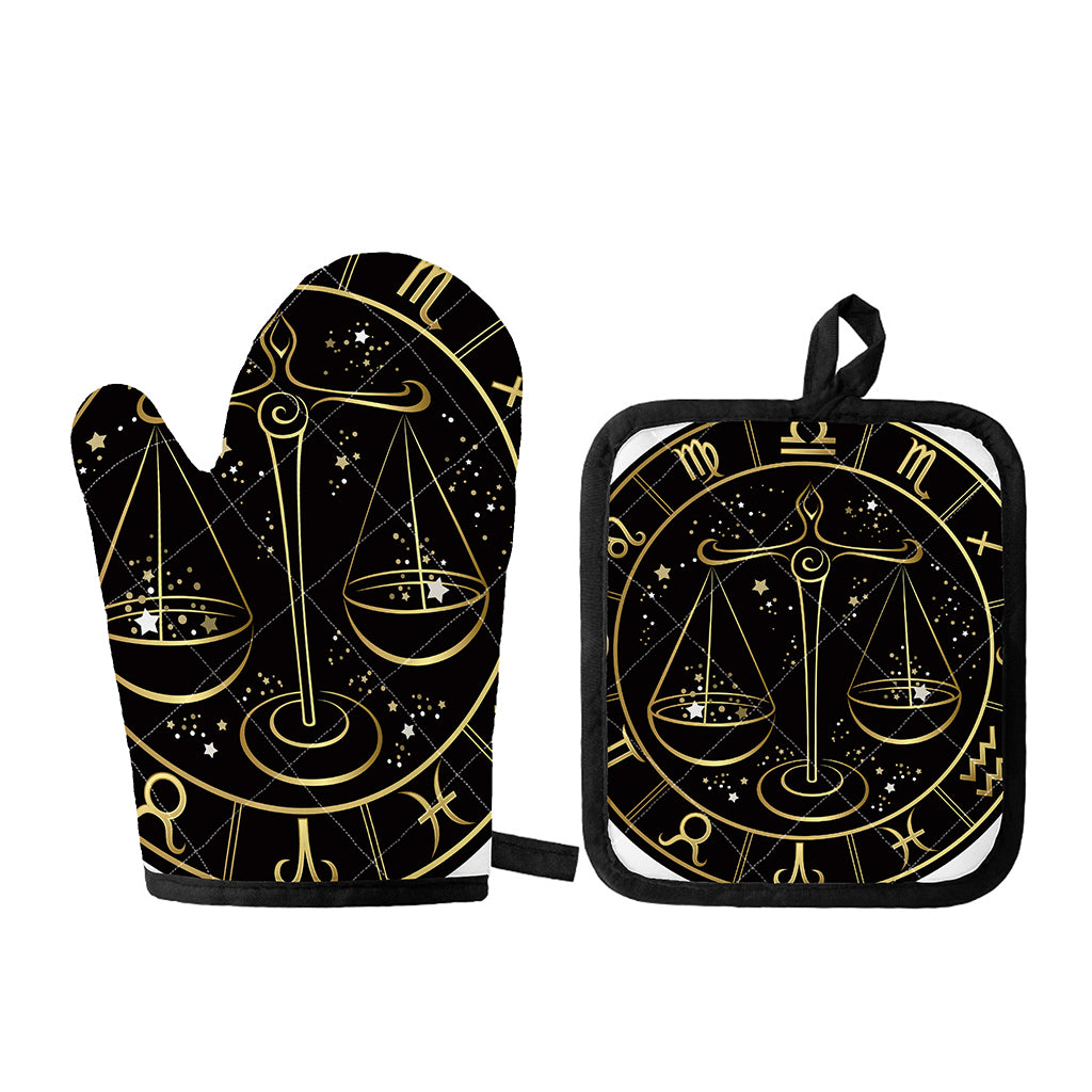 Gold And Black Libra Sign Print Oven Mitt And Pot Holder Set