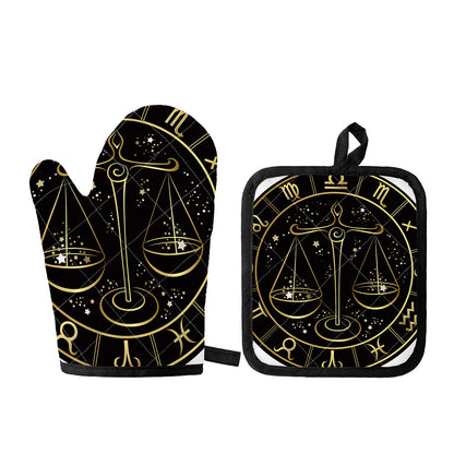 Gold And Black Libra Sign Print Oven Mitt And Pot Holder Set