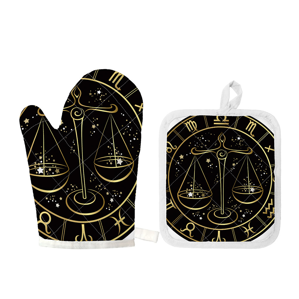 Gold And Black Libra Sign Print Oven Mitt And Pot Holder Set