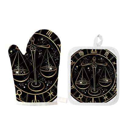Gold And Black Libra Sign Print Oven Mitt And Pot Holder Set