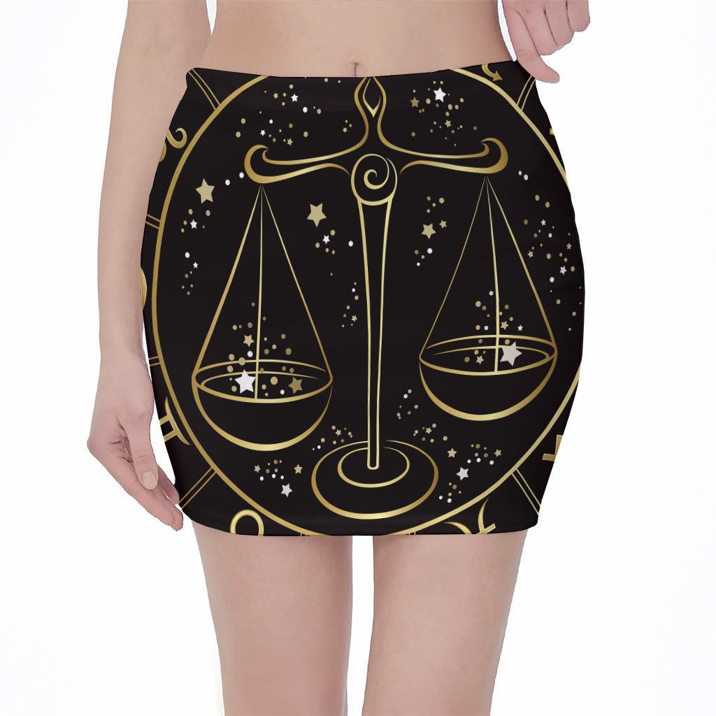 Gold And Black Libra Sign Print Pencil Mini Skirt