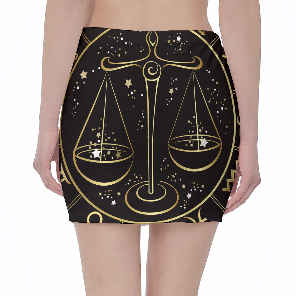 Gold And Black Libra Sign Print Pencil Mini Skirt