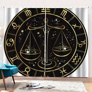 Gold And Black Libra Sign Print Pencil Pleat Curtains