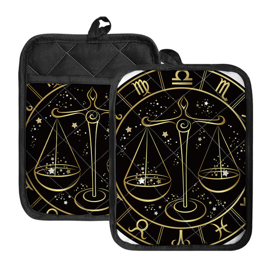 Gold And Black Libra Sign Print Pot Holders With Pocket