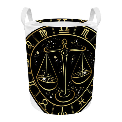 Gold And Black Libra Sign Print Round Laundry Basket