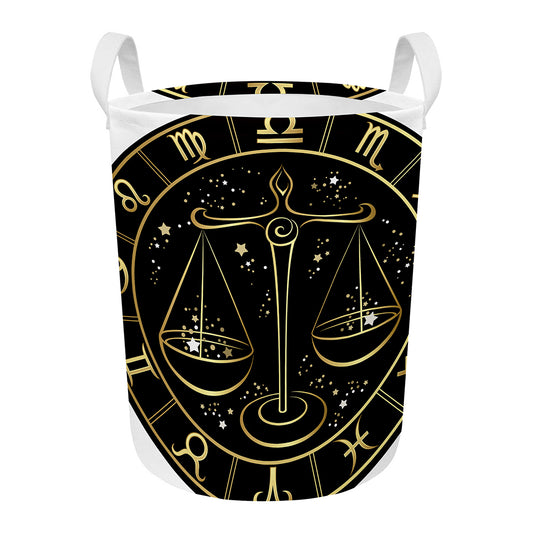 Gold And Black Libra Sign Print Round Laundry Basket