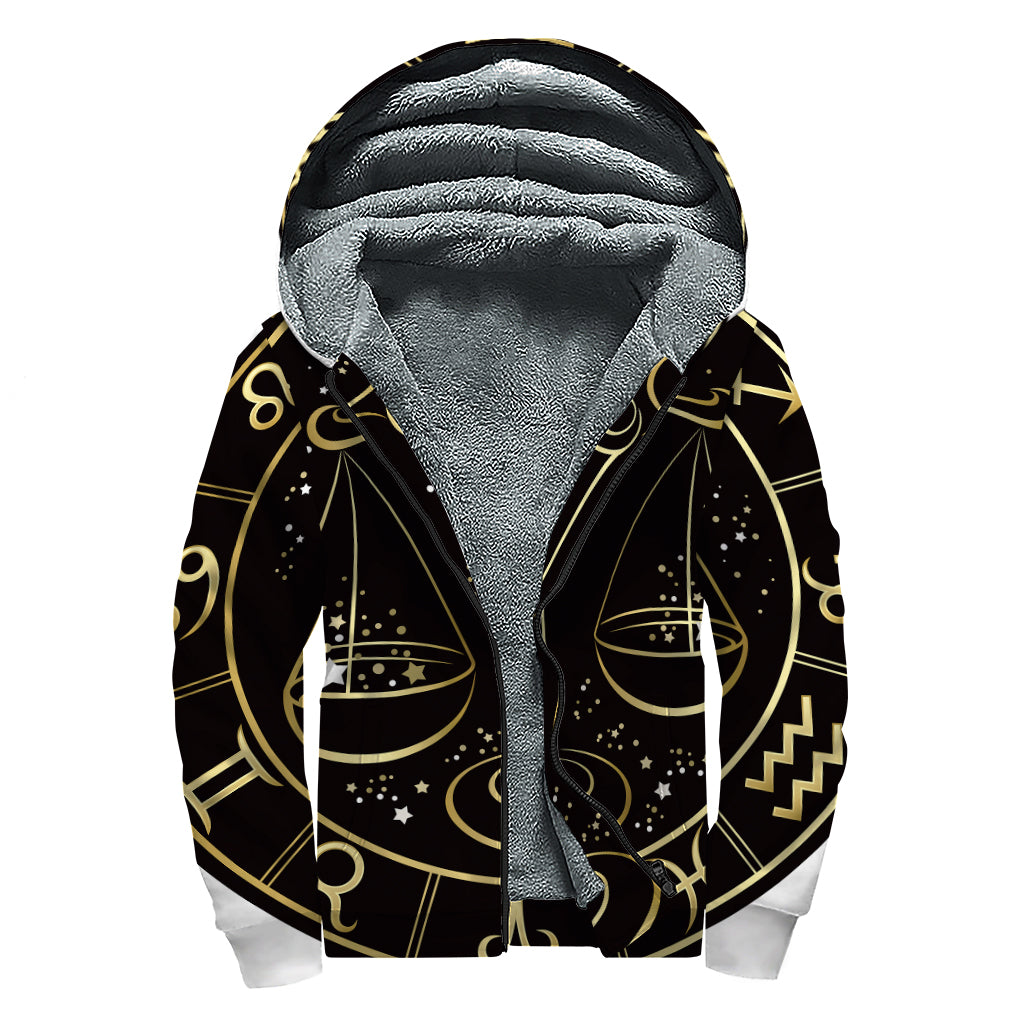 Gold And Black Libra Sign Print Sherpa Lined Zip Up Hoodie