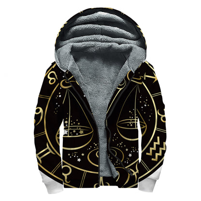 Gold And Black Libra Sign Print Sherpa Lined Zip Up Hoodie