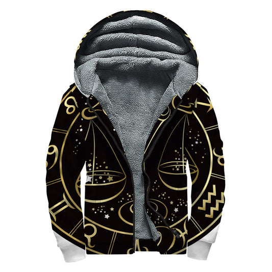Gold And Black Libra Sign Print Sherpa Lined Zip Up Hoodie