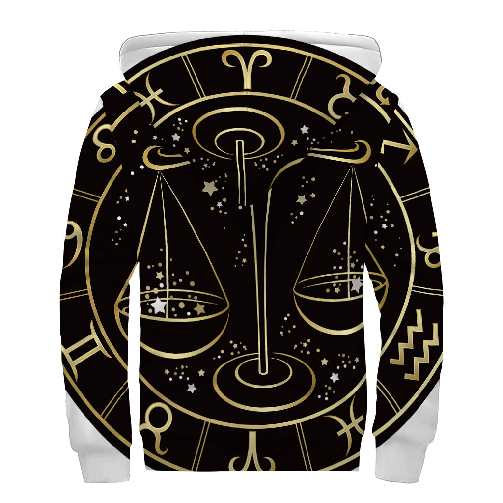 Gold And Black Libra Sign Print Sherpa Lined Zip Up Hoodie